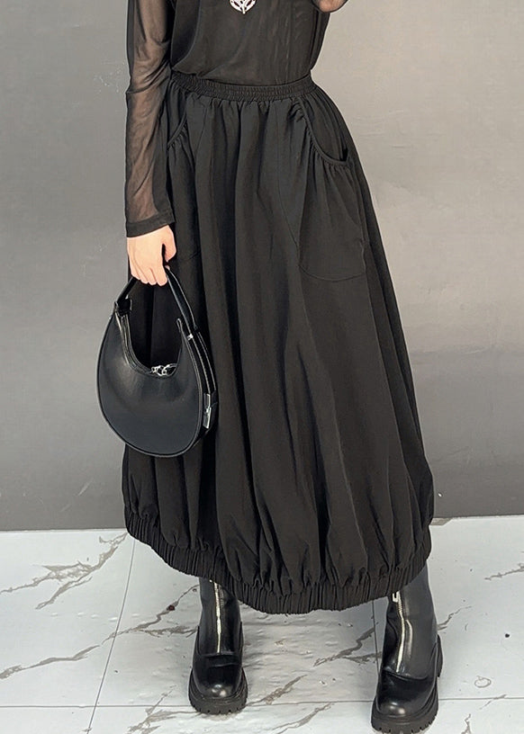 Black Pockets Cotton Fall Skirt Elastic Waist