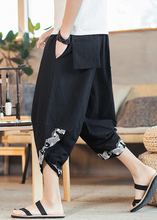 Black Pockets Cotton Crop Pants High Waist Summer