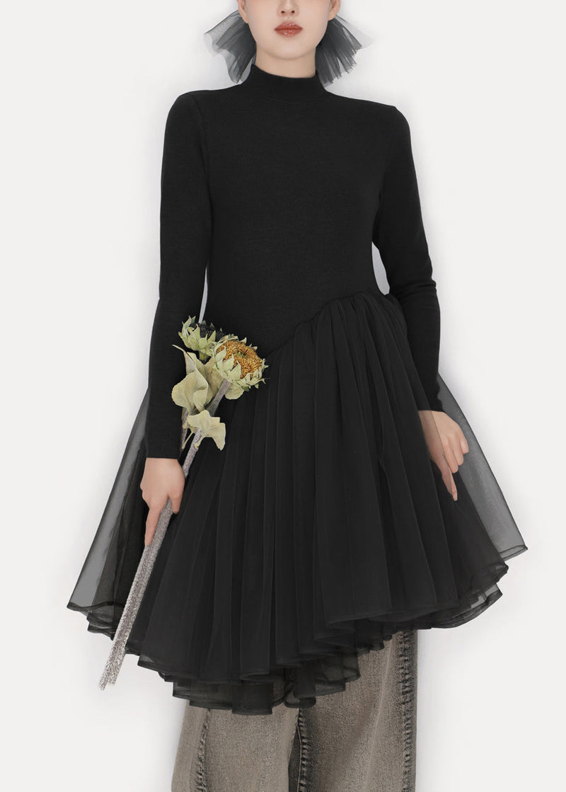 Black Tulle Patchwork Winter Mini Dresses Turtleneck