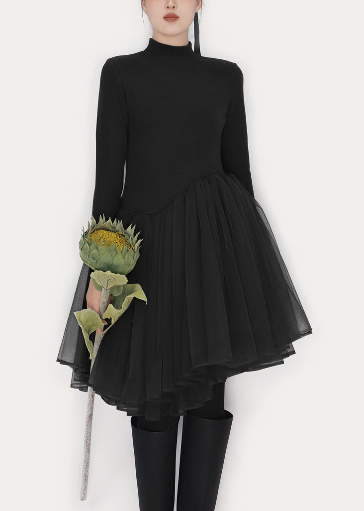 Black Tulle Patchwork Winter Mini Dresses Turtleneck