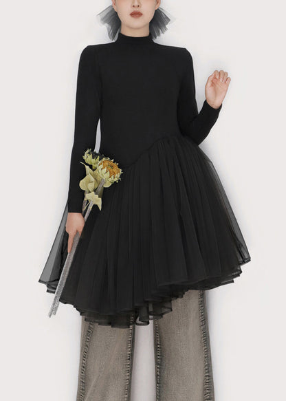 Black Tulle Patchwork Winter Mini Dresses Turtleneck