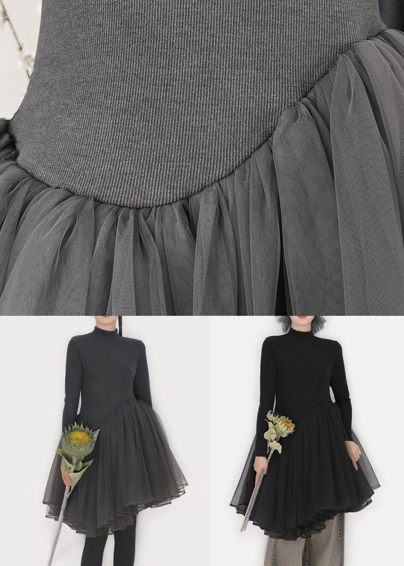 Black Tulle Patchwork Winter Mini Dresses Turtleneck