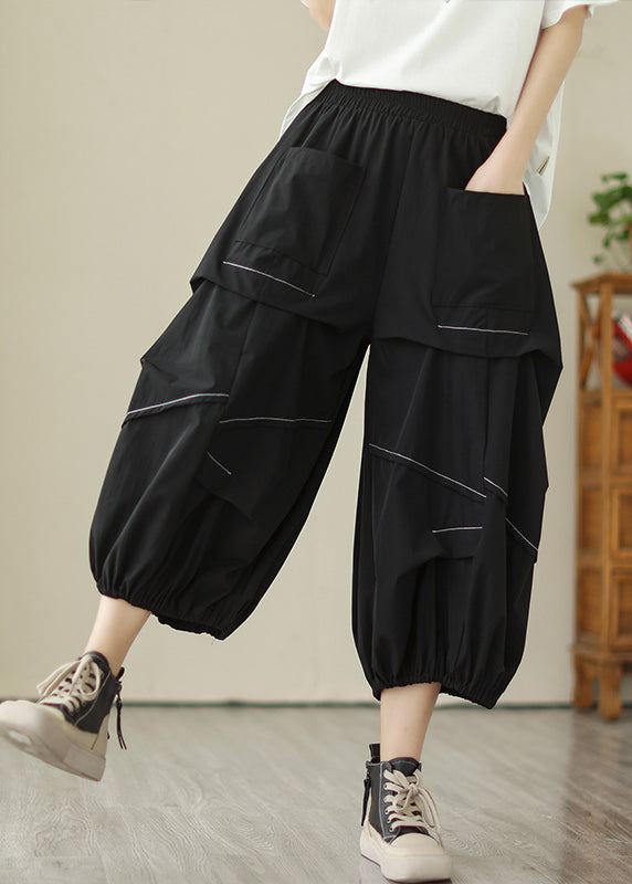 Black Wrinkled Cotton Crop Pants High Waist Summer