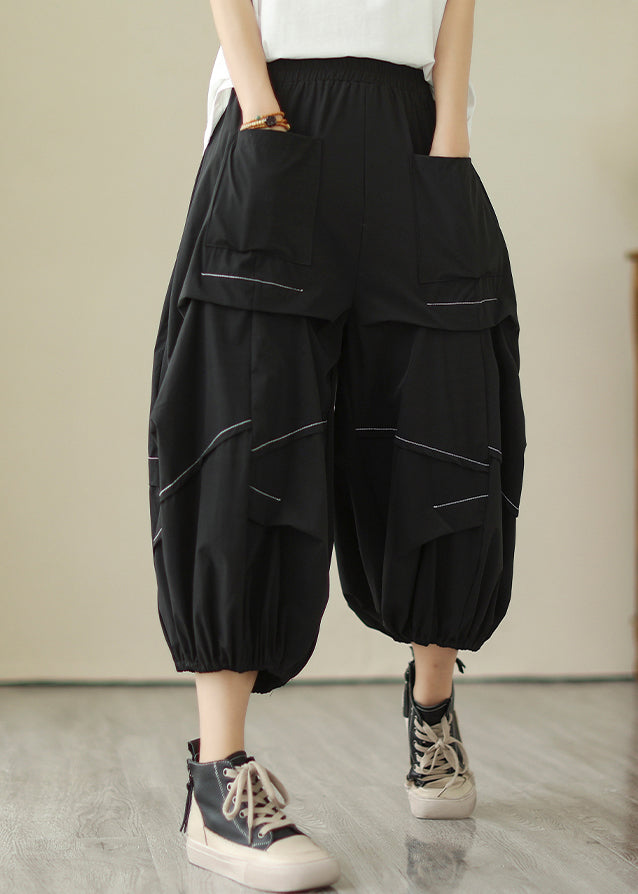 Black Wrinkled Cotton Crop Pants High Waist Summer