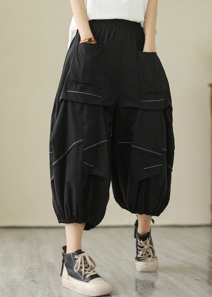 Black Wrinkled Cotton Crop Pants High Waist Summer