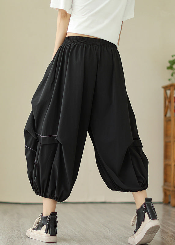 Black Wrinkled Cotton Crop Pants High Waist Summer