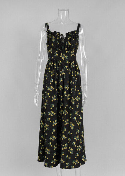 Black Square Collar High Waist Maxi Spaghetti Strap Dress Summer