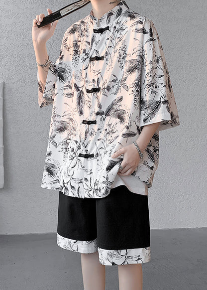 Black Stand Collar Button Shirt and Shorts Two Pieces Set Short Sleeve
