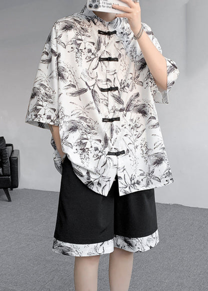 Black Stand Collar Button Shirt and Shorts Two Pieces Set Short Sleeve