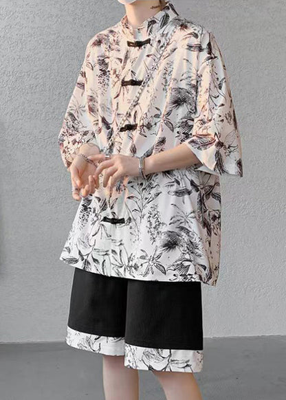 Black Stand Collar Button Shirt and Shorts Two Pieces Set Short Sleeve