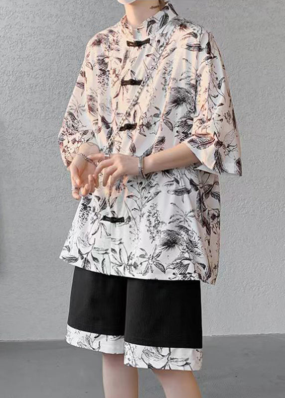 Black Stand Collar Button Shirt and Shorts Two Pieces Set Short Sleeve