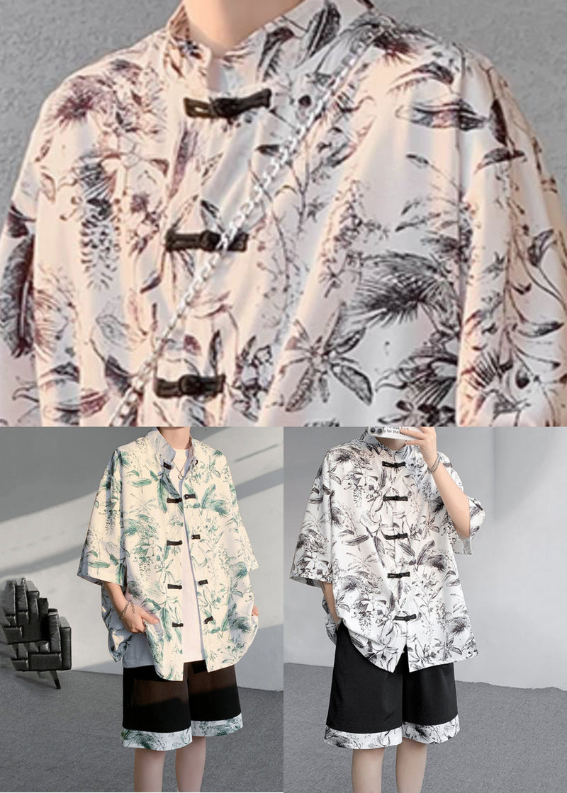 Black Stand Collar Button Shirt and Shorts Two Pieces Set Short Sleeve