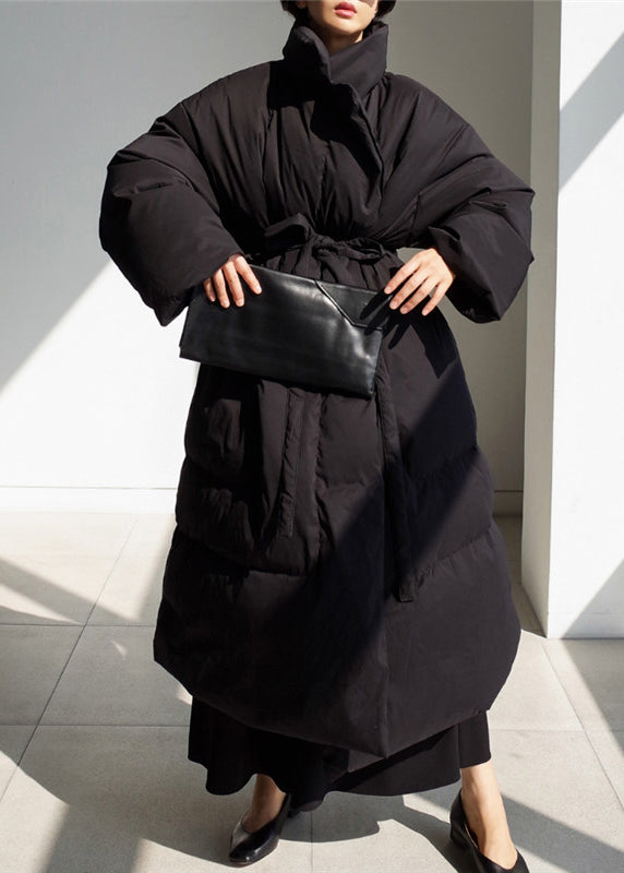 Black Stand Collar Tie Waist Parka Long Sleeve