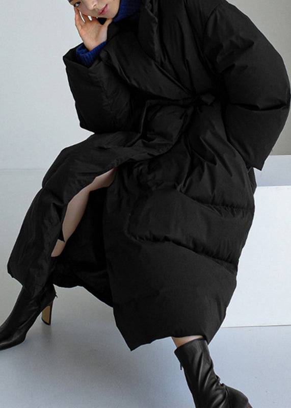 Black Stand Collar Tie Waist Parka Long Sleeve