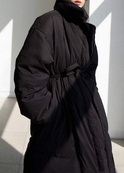 Black Stand Collar Tie Waist Parka Long Sleeve