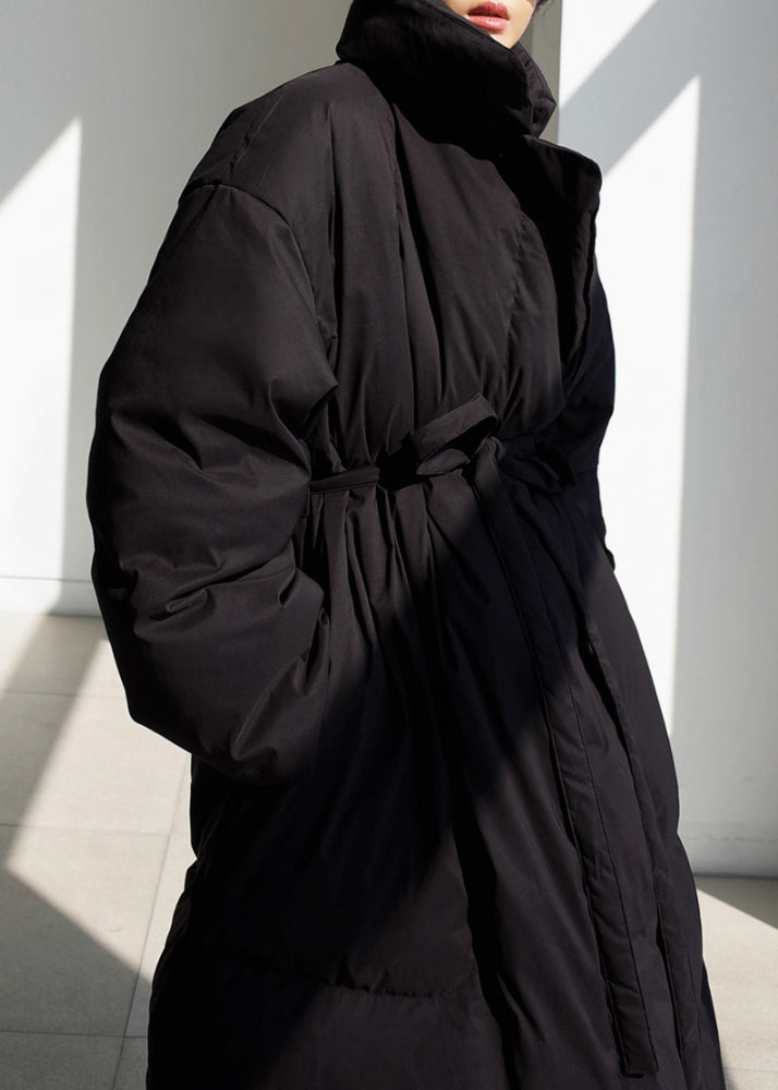 Black Stand Collar Tie Waist Parka Long Sleeve