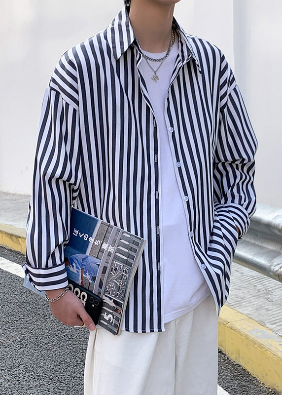 Black Striped Button Cotton Shirts Peter Pan Collar Spring