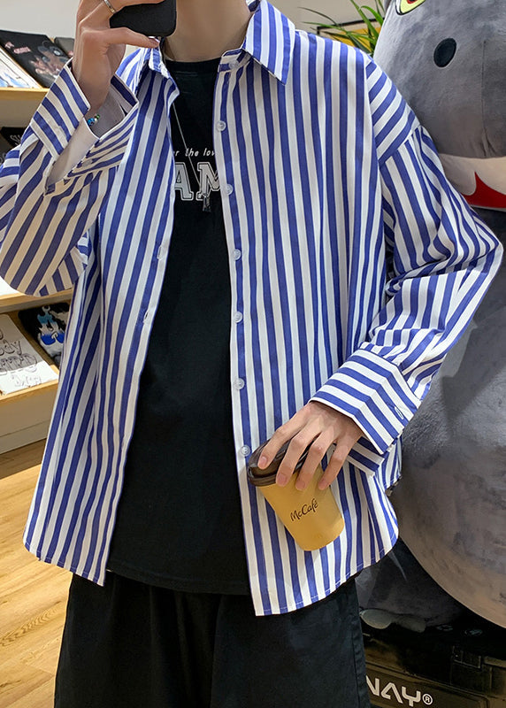 Black Striped Button Cotton Shirts Peter Pan Collar Spring