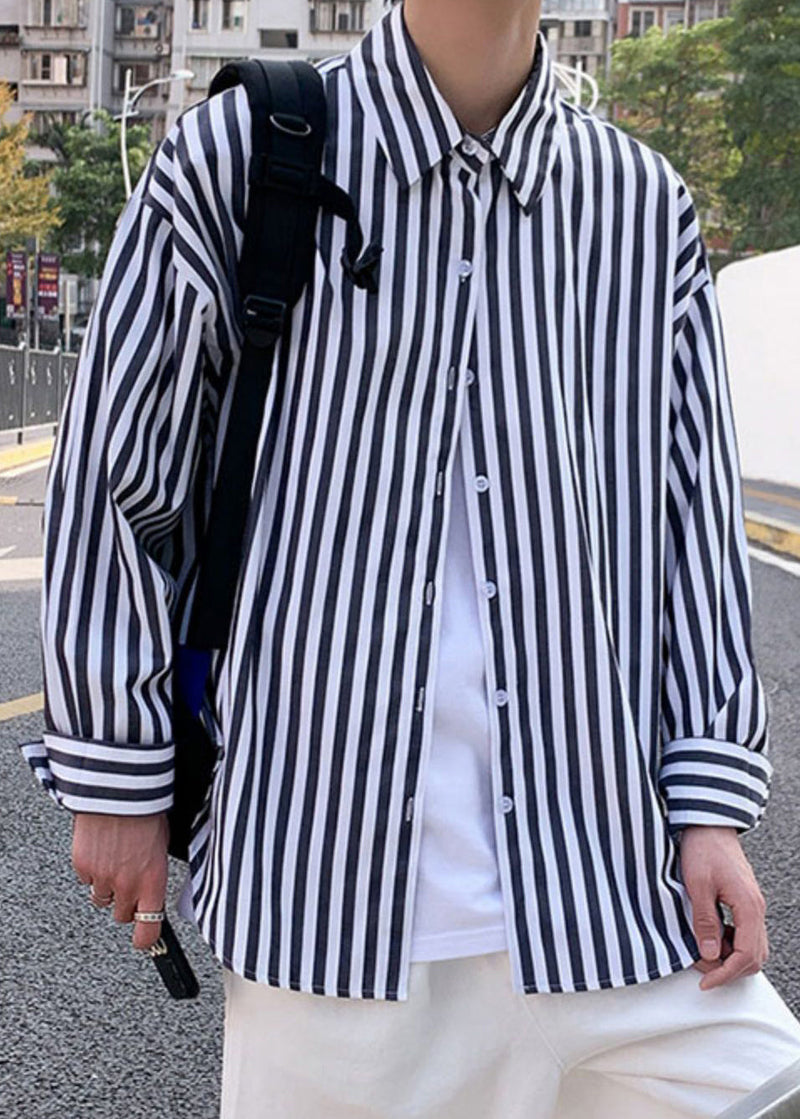 Black Striped Button Cotton Shirts Peter Pan Collar Spring