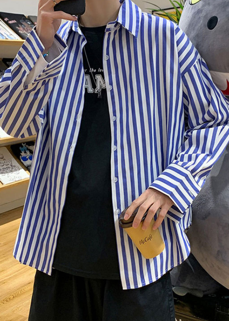 Black Striped Button Cotton Shirts Peter Pan Collar Spring