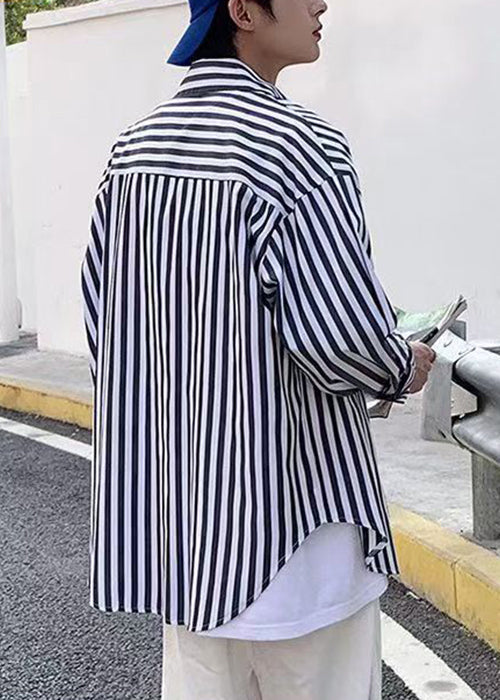 Black Striped Button Cotton Shirts Peter Pan Collar Spring