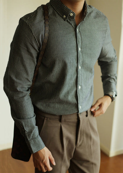 Black Striped Button Cotton Shirt Men Peter Pan Collar Fall