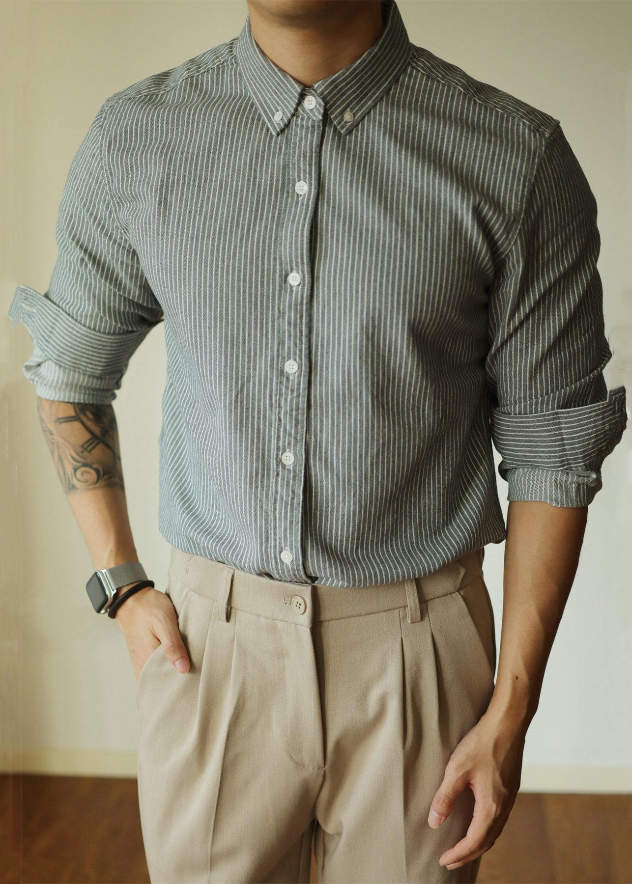 Black Striped Button Cotton Shirt Men Peter Pan Collar Fall
