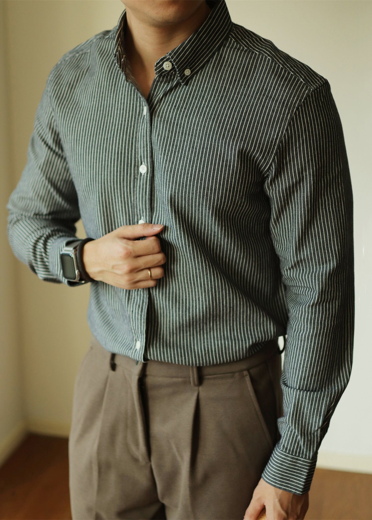 Black Striped Button Cotton Shirt Men Peter Pan Collar Fall