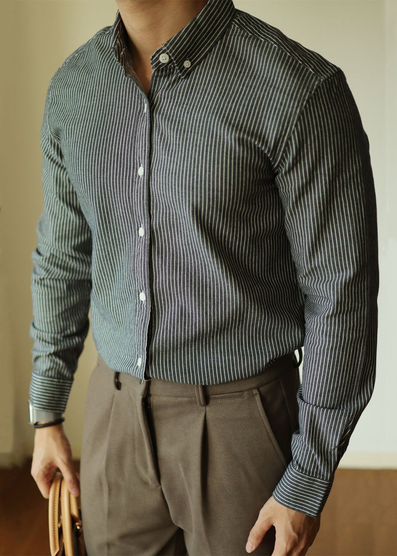 Black Striped Button Cotton Shirt Men Peter Pan Collar Fall