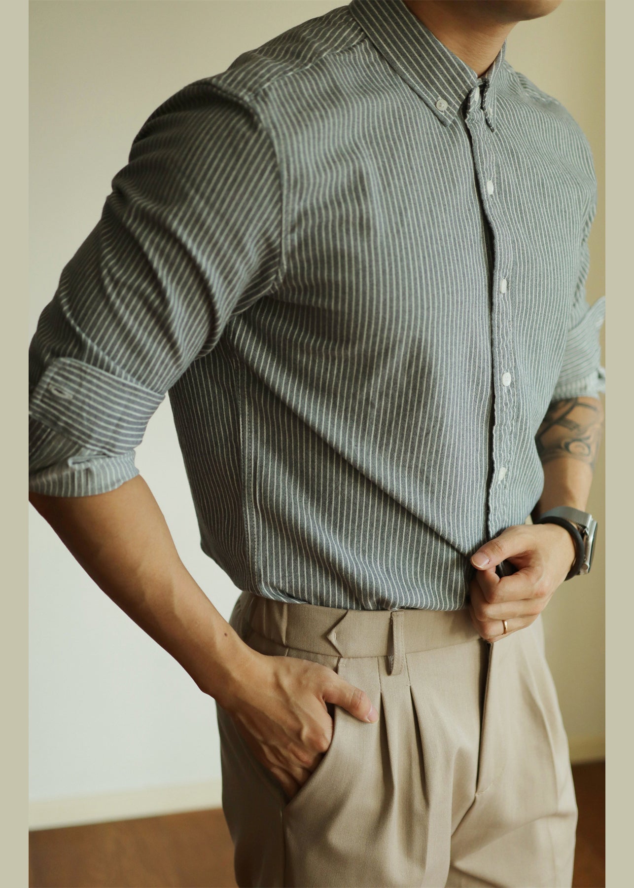 Black Striped Button Cotton Shirt Men Peter Pan Collar Fall