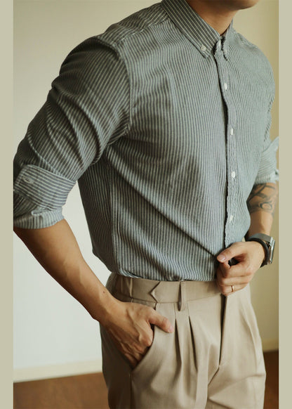 Black Striped Button Cotton Shirt Men Peter Pan Collar Fall
