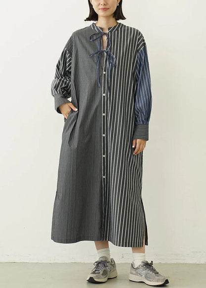 Black Striped Cotton Shirt Dresses Oversized Lace Up Spring