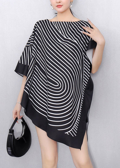 Black Striped O-neck Side Open Short Sleeve