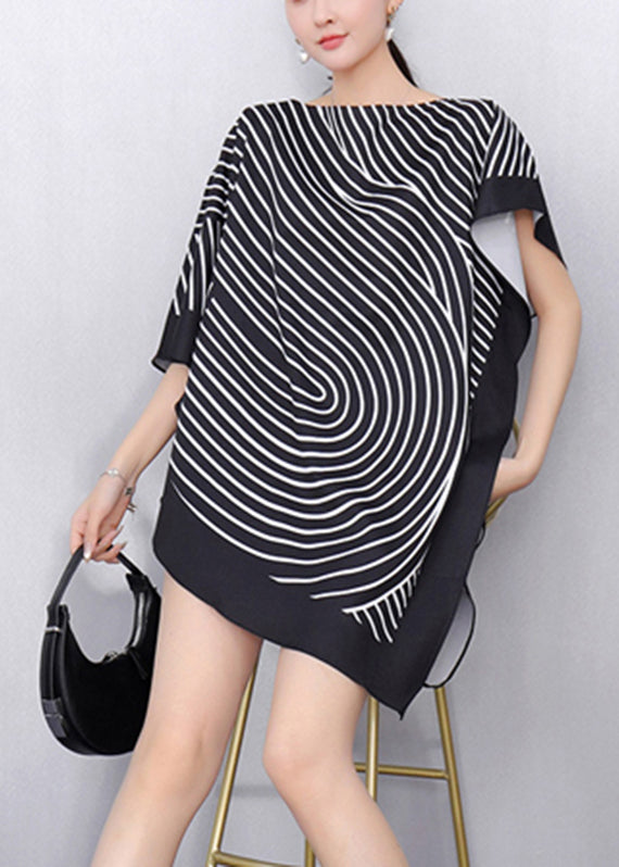 Black Striped O-neck Side Open Short Sleeve