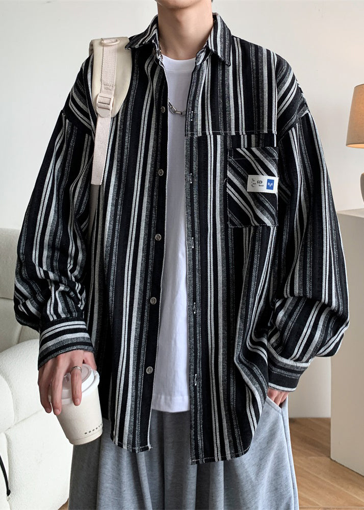 Black Striped Oversized Cotton Shirts Peter Pan Collar Spring