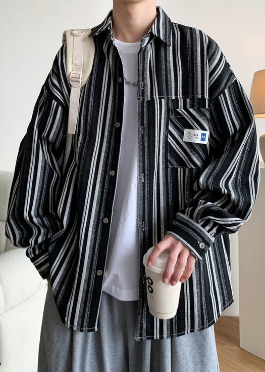 Black Striped Oversized Cotton Men Shirts Peter Pan Collar Spring