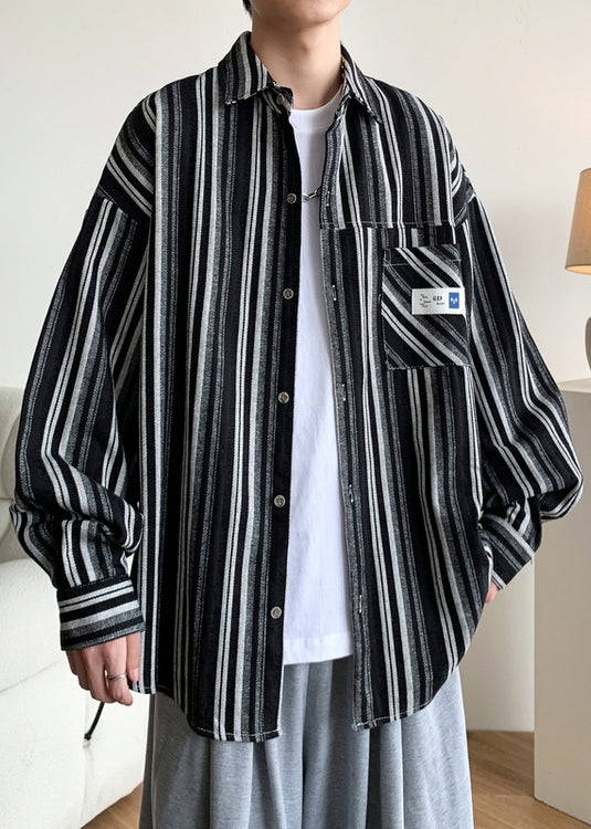 Black Striped Oversized Cotton Men Shirts Peter Pan Collar Spring