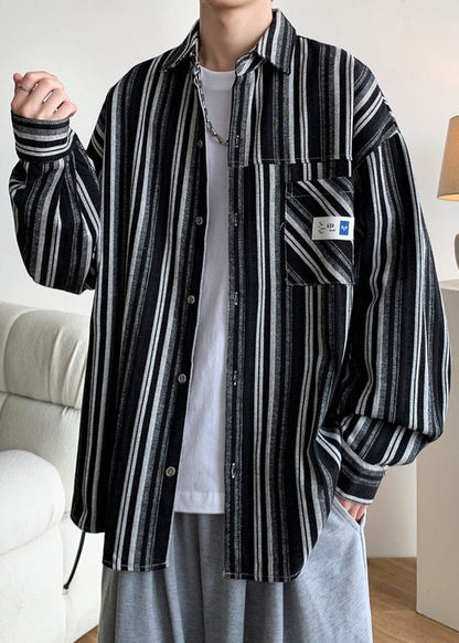 Black Striped Oversized Cotton Men Shirts Peter Pan Collar Spring