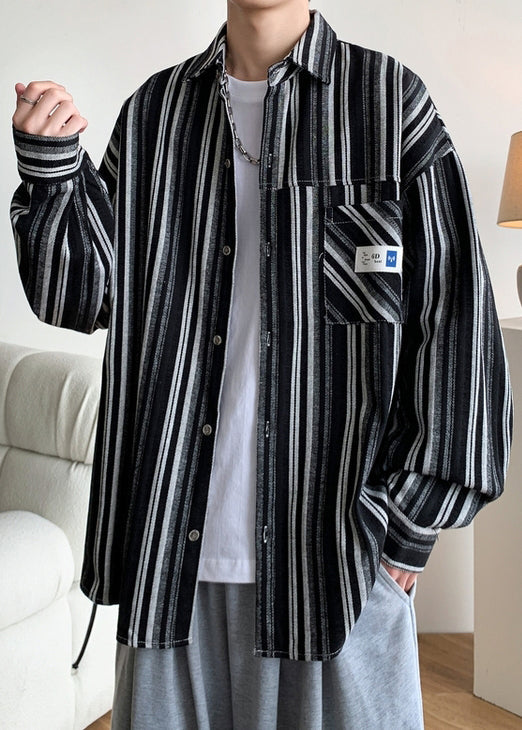 Black Striped Oversized Cotton Shirts Peter Pan Collar Spring