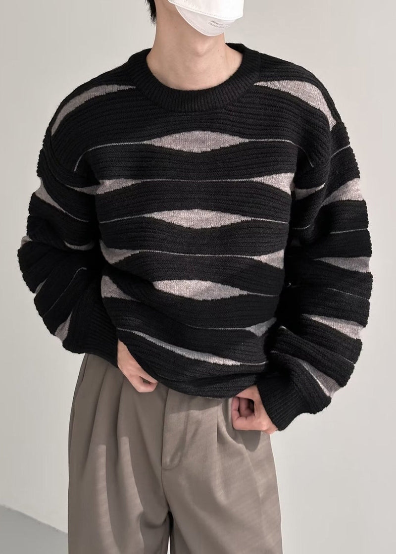 Black Striped Patchwork Knit Winter Sweater O Neck