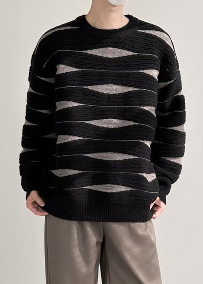 Black Striped Patchwork Knit Winter Sweater O Neck