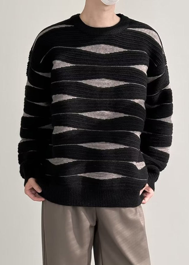 Black Striped Patchwork Knit Winter Sweater O Neck