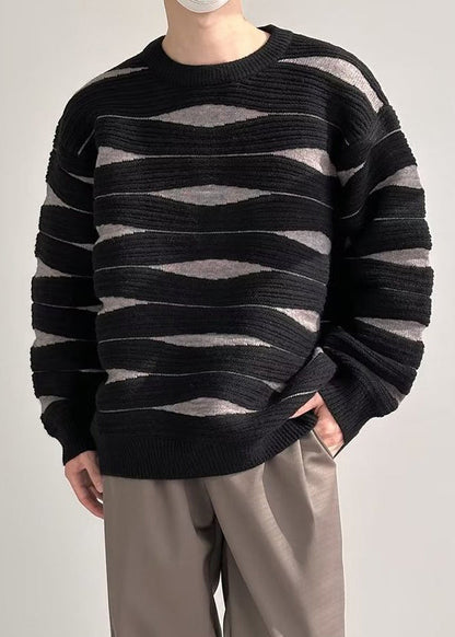 Black Striped Patchwork Knit Winter Sweater O Neck