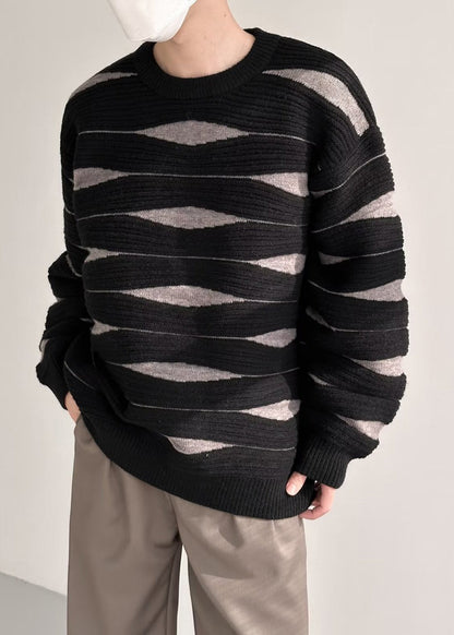 Black Striped Patchwork Knit Winter Sweater O Neck