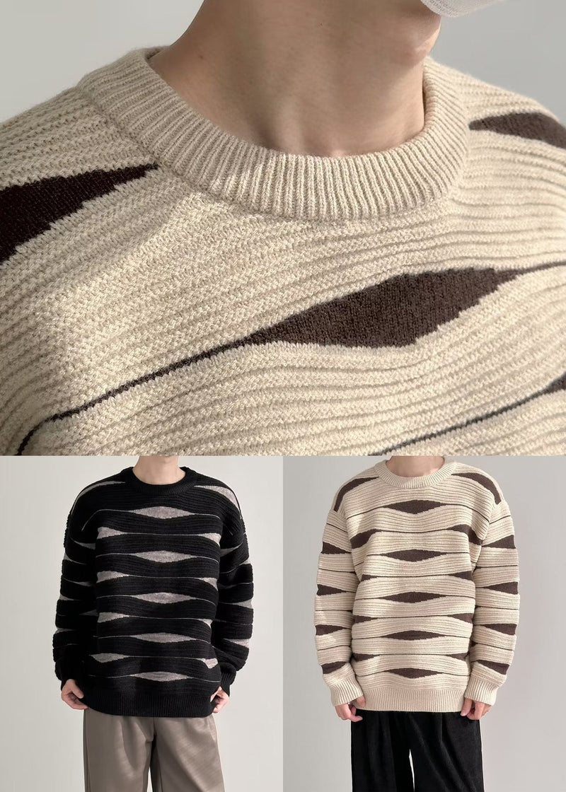 Black Striped Patchwork Knit Winter Sweater O Neck