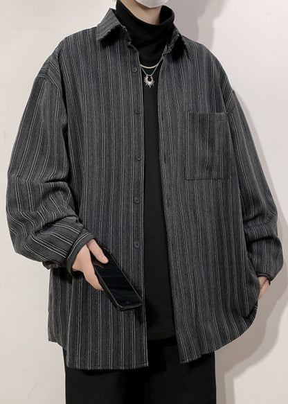 Black Striped Pockets Loose Cotton Men Shirts Peter Pan Collar Spring