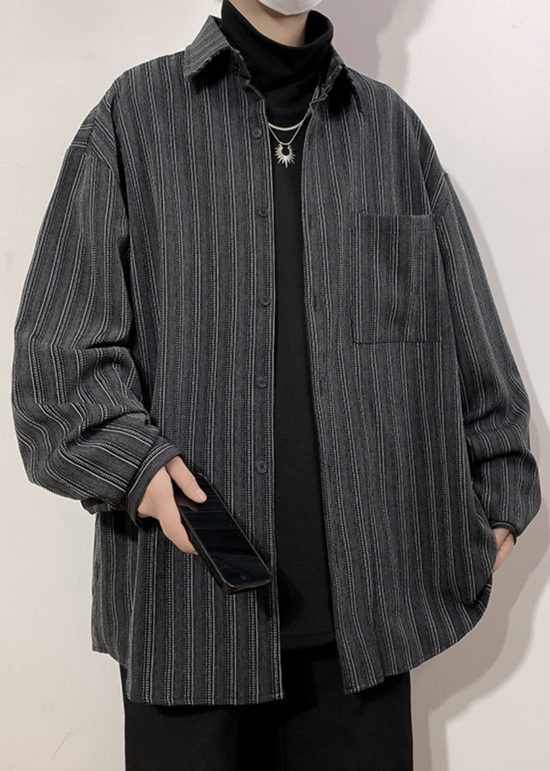 Black Striped Pockets Loose Cotton Shirts Peter Pan Collar Spring