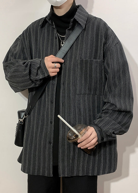 Black Striped Pockets Loose Cotton Men Shirts Peter Pan Collar Spring