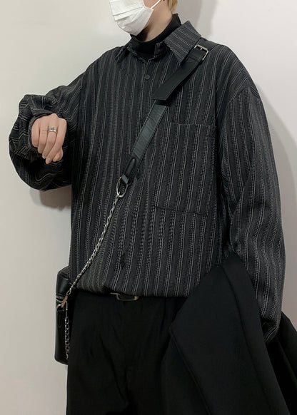 Black Striped Pockets Loose Cotton Men Shirts Peter Pan Collar Spring