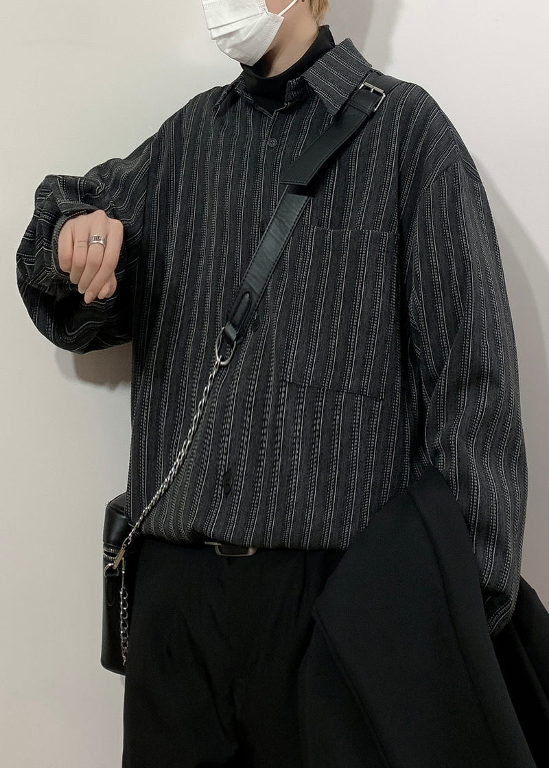 Black Striped Pockets Loose Cotton Shirts Peter Pan Collar Spring